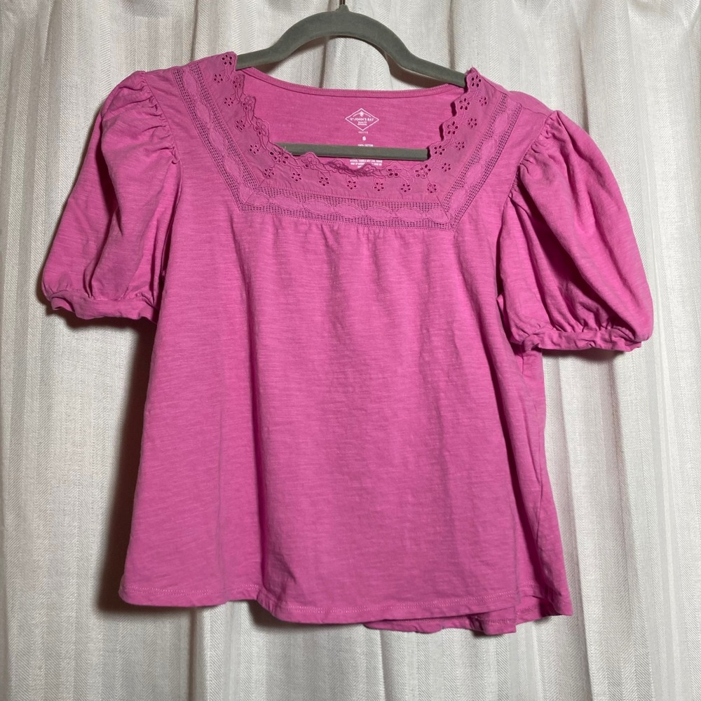 St Johns Bay Womens Pink Eyelet Lace Square Neck Puff Sleeve Cotton Top Petite S
